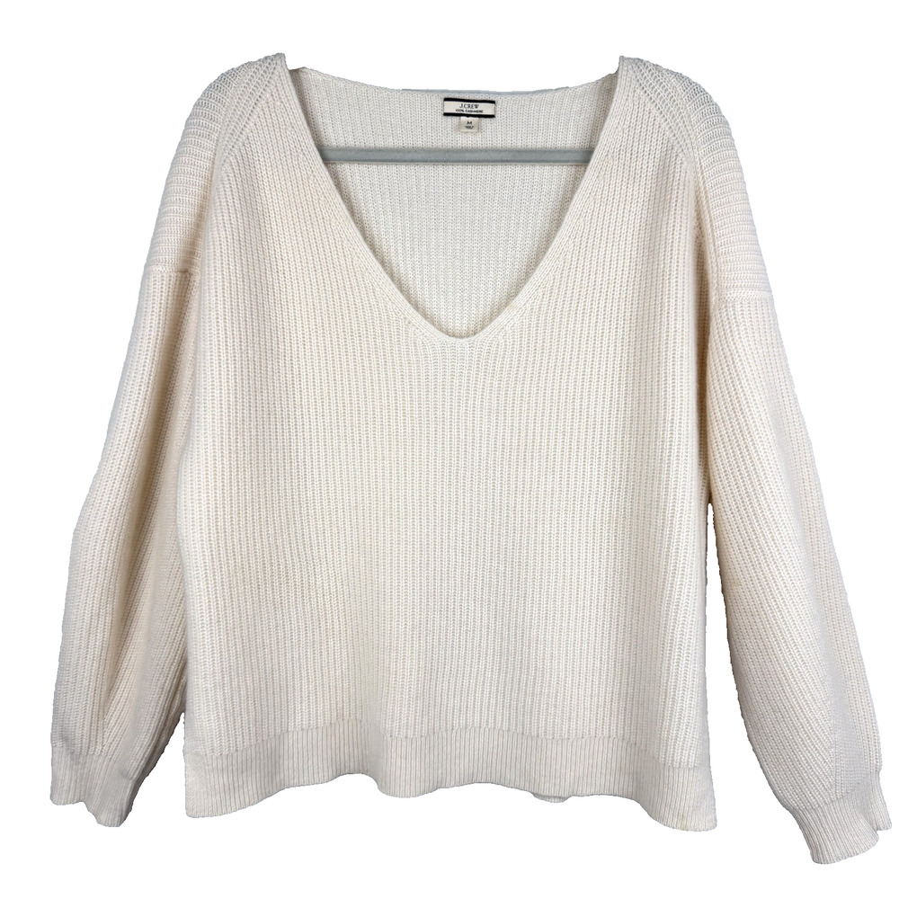 J.Crew 100% Cashmere Sweater Women's M Ivory V-Neck Balloon Sleeve Boxy Slouchy